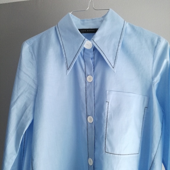 Zara light blue contrasting top stitch button down - Picture 3 of 8